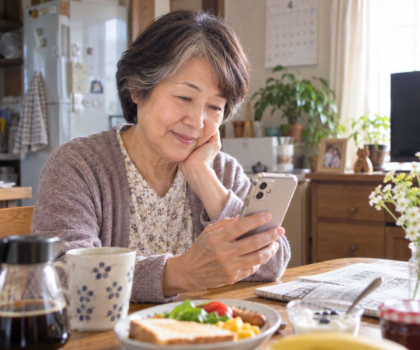 朝の食卓でスマートフォンを見る女性