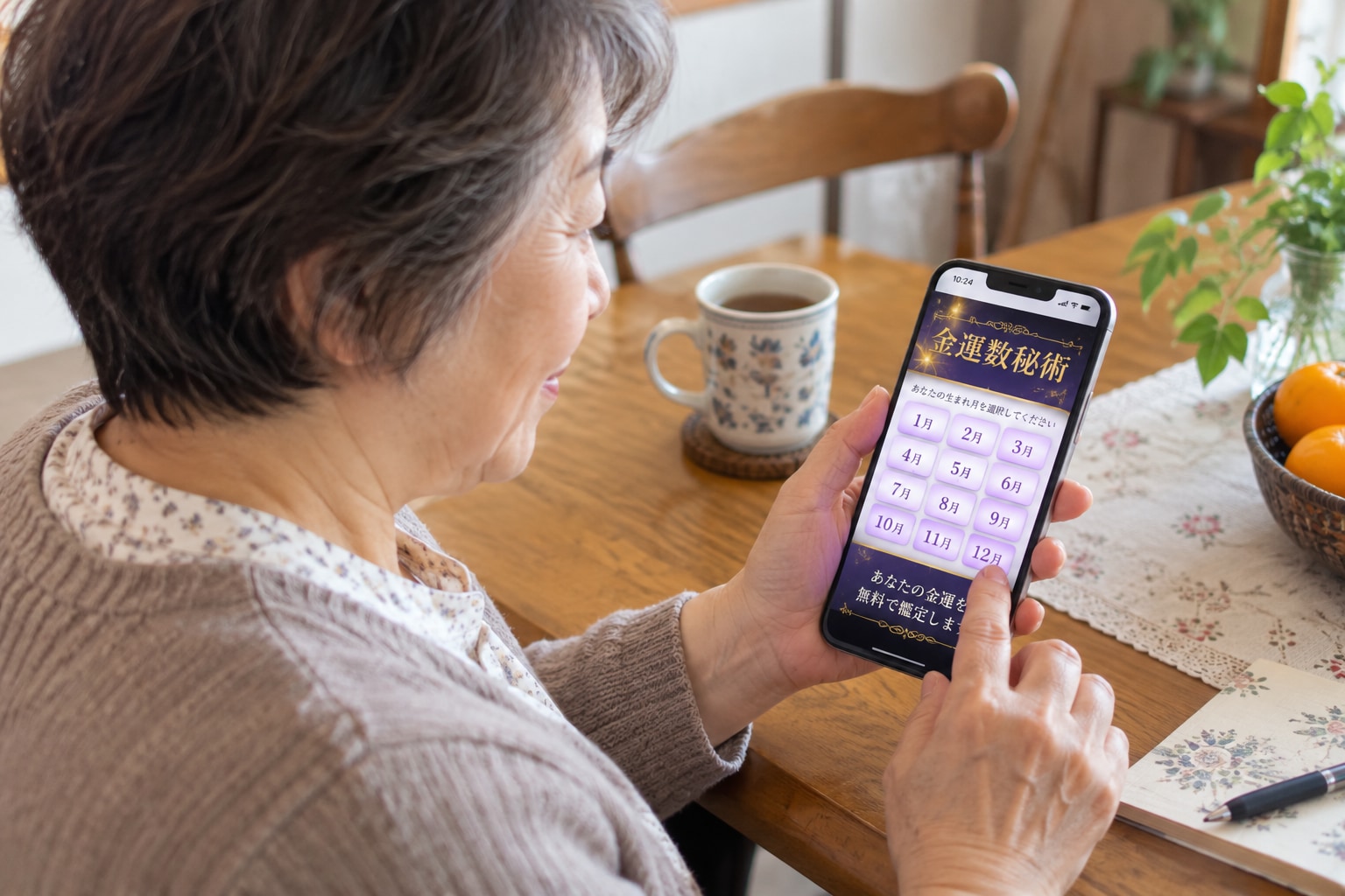 スマートフォンで金運鑑定を見る様子