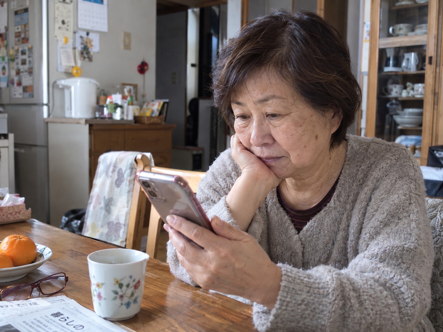 自宅でスマホを見るけいこさん