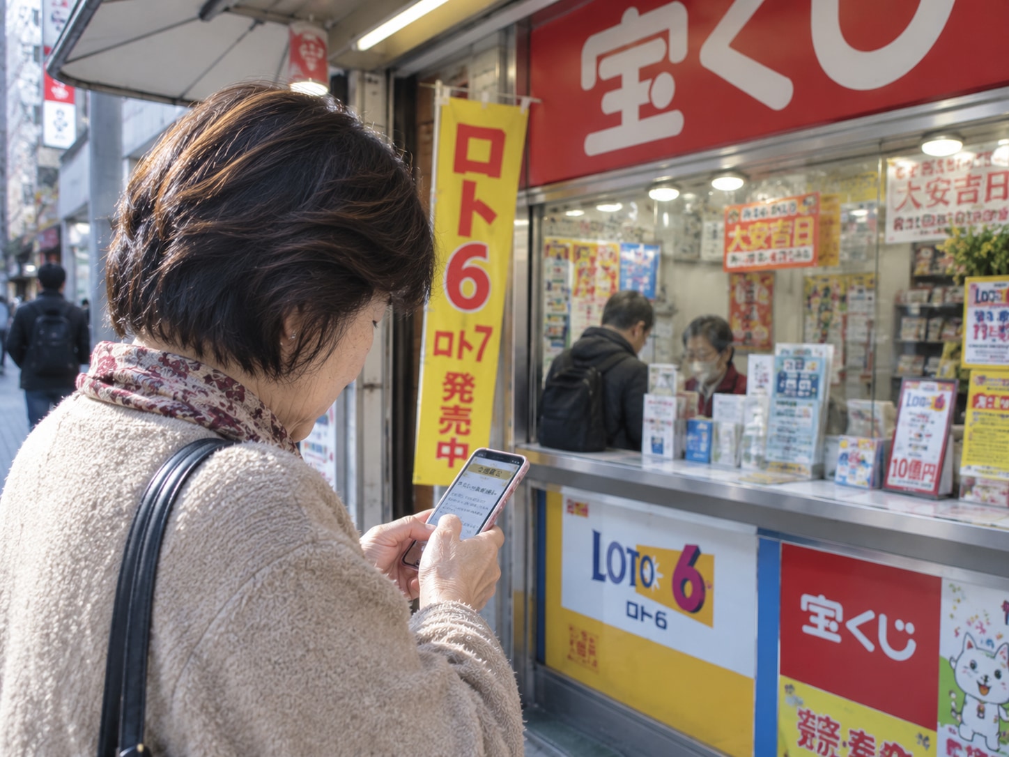 宝くじ売り場の前でスマホを見るけいこさん